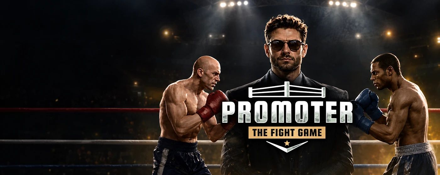 PROMOTER: The Fight Game key art – a promoter in sunglasses stands between two boxers squaring up in the ring.