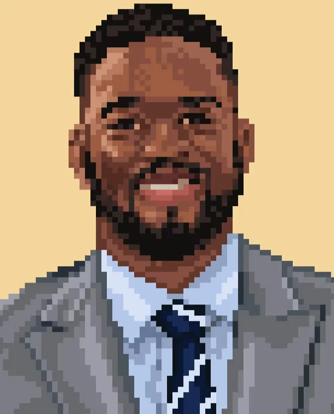 Pixel-art portrait of Kenny, founder of Langa Publishing, smiling in a grey suit and navy tie