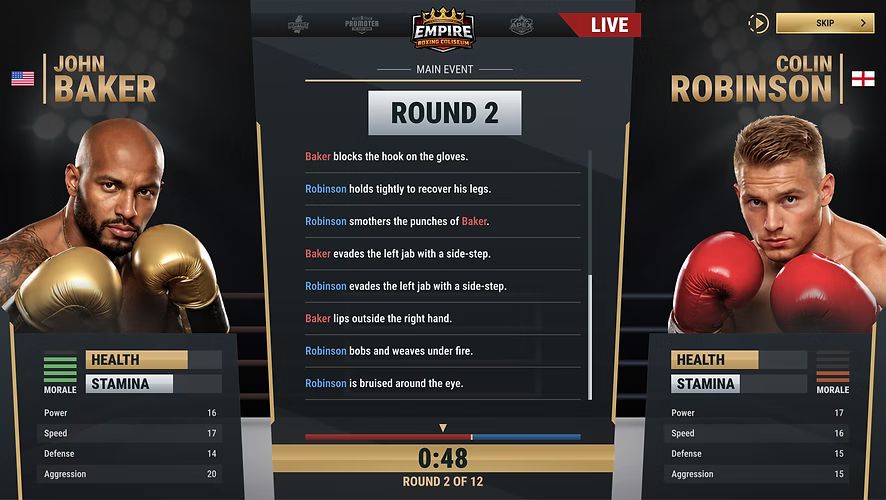 Fight night: live round-by-round commentary of the main event between John Baker and Colin Robinson, with health, stamina and morale bars for each fighter.