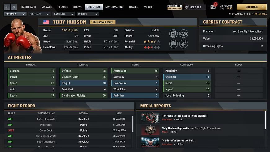 Scouting screen for fighter Toby Hudson, showing his record, physical, technical, mental and commercial attributes, current contract and media reports.