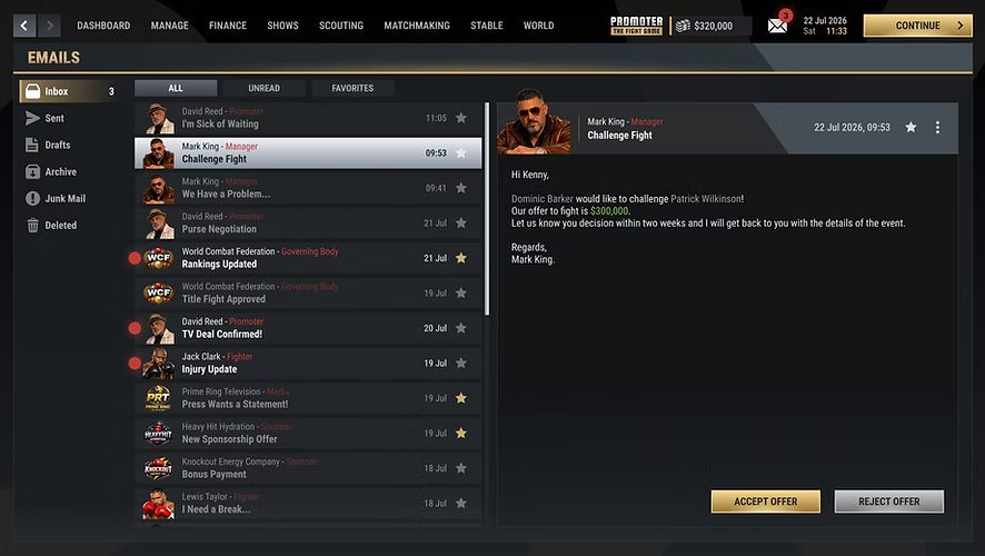In-game inbox open on a manager's challenge fight offer worth $300,000, with buttons to accept or reject the offer.